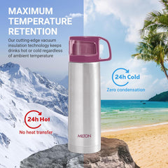 Milton Glassy 1000 Thermosteel Vacuum Insulated Double Walled Flask with Drinking Cup lid & Jacket, 1000 ml Water Bottles,24 Hours Hot & Cold,Easy to Carry,Rust Proof, Tea, Coffee,Travel Bottle