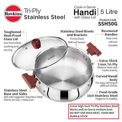 Hawkins Cook n Serve Handi, Triply Stainless Steel Handi with Glass Lid, Induction Sauce Pan, Saucepan, Silver