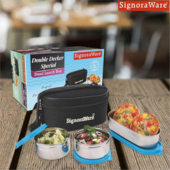Signoraware Double Decker Special Stainless Steel Lunch Box with Insulated Bag Keeps Food Warm / Leak Spill Proof / Food Grade Tiffin Container (350ml+350ml+650ml