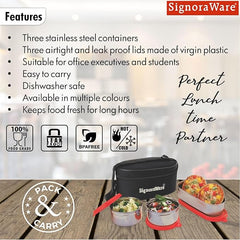 Signoraware Double Decker Special Stainless Steel Lunch Box with Insulated Bag Keeps Food Warm / Leak Spill Proof / Food Grade Tiffin Container (350ml+350ml+650ml