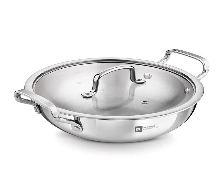 BERGNER BE Essentials Triply Stainless Steel 20cm / 1.4 L Kadai with Flat Glass Lid, Kadhai with Lid, Consumes Less Oil, Healthy Cooking, Mirror Shiny Finish, Easy to Clean - Full Induction Bottom