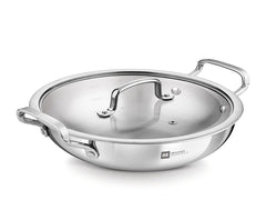 BERGNER BE Essentials Triply Stainless Steel 20cm / 1.4 L Kadai with Flat Glass Lid, Kadhai with Lid, Consumes Less Oil, Healthy Cooking, Mirror Shiny Finish, Easy to Clean - Full Induction Bottom