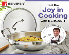 BERGNER BE Essentials Triply Stainless Steel 20cm / 1.4 L Kadai with Flat Glass Lid, Kadhai with Lid, Consumes Less Oil, Healthy Cooking, Mirror Shiny Finish, Easy to Clean - Full Induction Bottom