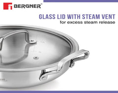 BERGNER BE Essentials Triply Stainless Steel 20cm / 1.4 L Kadai with Flat Glass Lid, Kadhai with Lid, Consumes Less Oil, Healthy Cooking, Mirror Shiny Finish, Easy to Clean - Full Induction Bottom