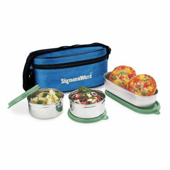 Signoraware Double Decker Special Stainless Steel Lunch Box with Insulated Bag Keeps Food Warm / Leak Spill Proof / Food Grade Tiffin Container (350ml+350ml+650ml