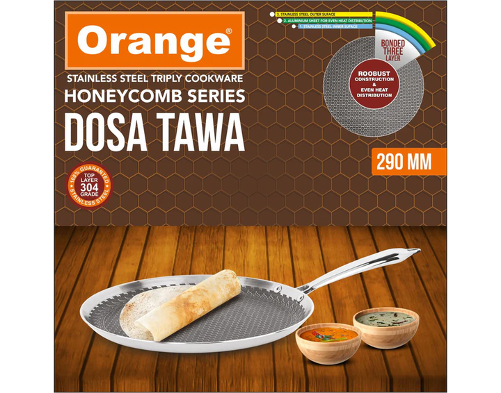 Orange Triply Stainless Steel Honeycomb Non- Stick Dosa Tawa/Uttapa Tawa With FREE Knife Set worth Rs.450 on PREPAID Order